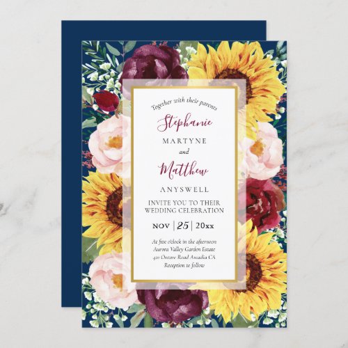 Sunflower Navy Blue Gold Burgundy Floral Wedding Invitation