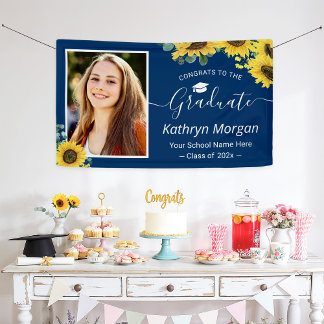 Sunflower Navy Blue Graduation Party Photo Banner