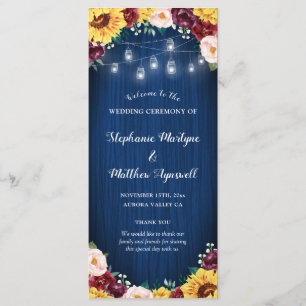 Sunflower Navy Blue Jar Lights Burgundy Wedding Program