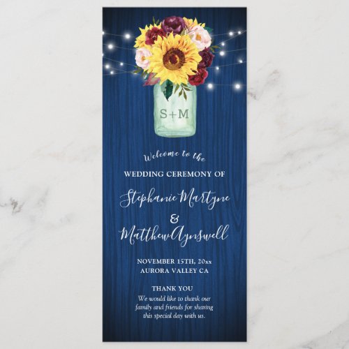 Sunflower Navy Blue Mason Jar Floral Wedding Program