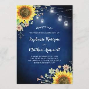 Sunflower Navy Blue Mason Jar Lights Wedding Invitation