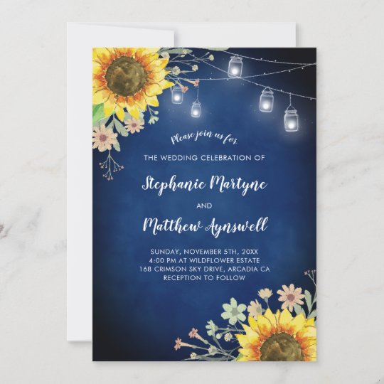 Sunflower Navy Blue Mason Jar Lights Wedding Invitation | Zazzle.com