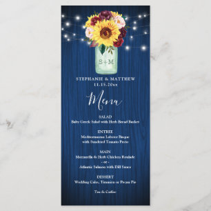 Sunflower Navy Blue Mason Jar Lights Wedding Menu