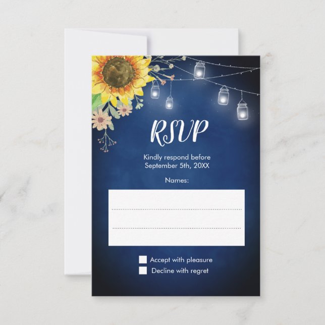 Sunflower Navy Blue Mason Jar Lights Wedding RSVP Card (Front)