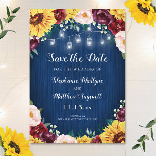 Sunflower Navy Blue Mason Jar Lights Wedding Save The Date