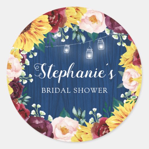Sunflower Navy Blue Mason Jars Bridal Shower Classic Round Sticker