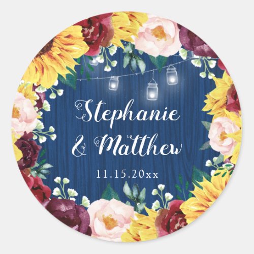 Sunflower Navy Blue Mason Jars Burgundy Wedding Classic Round Sticker