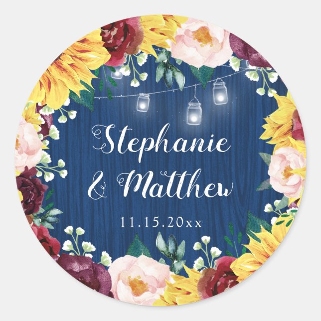 Sunflower Navy Blue Mason Jars Burgundy Wedding Classic Round Sticker (Front)