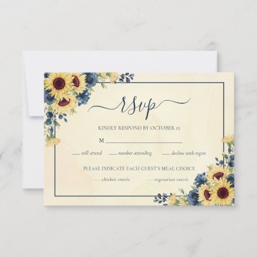 Sunflower Navy Blue Meal Choices Floral RSVP Card
