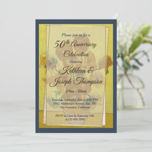 Sunflower Navy Blue Photo 50th Wedding Anniversary Invitation