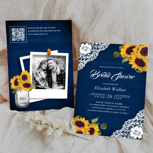 Sunflower Navy Blue Photo QR Code Bridal Shower Invitation