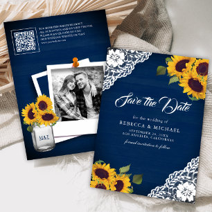 Sunflower Navy Blue Photo QR Code Wedding Save The Date
