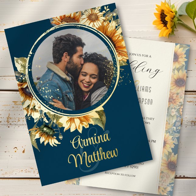 Sunflower Navy Blue Photo Wedding Gold Foil Invitation (A sunflower wedding invitation template with country rustic charm and personalized photo)