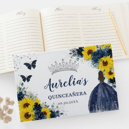 Sunflower Navy Blue Princess Silver Quinceaera Guest Book