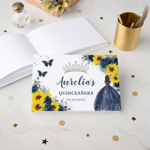 Sunflower Navy Blue Princess Silver Quinceañera Guest Book
