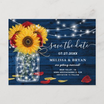 Sunflower Navy Blue Red Rose Rustic Save The Date Announcement Postcard by Raphaela_Wilson at Zazzle