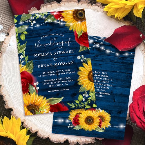 Sunflower Navy Blue Red Rose Rustic Wood Wedding Invitation