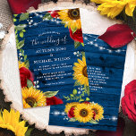 Sunflower Navy Blue Red Rose Rustic Wood Wedding Invitation<br><div class="desc">Beautiful and unique rustic sunflower wedding invitations that are easily personalized for your Big Day! This original watercolor / mixed media design depicts hand painted country yellow sunflowers, deep burgundy red roses, along with white baby's breath and a mix of wildflowers and floral greenery. The background has a deep navy...</div>