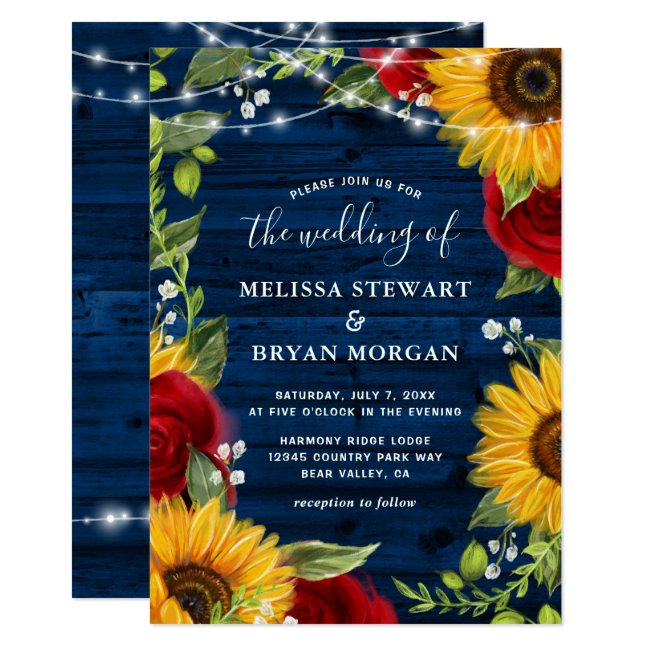 Sunflower Navy Blue Red Rose Rustic Wood Wedding Invitation