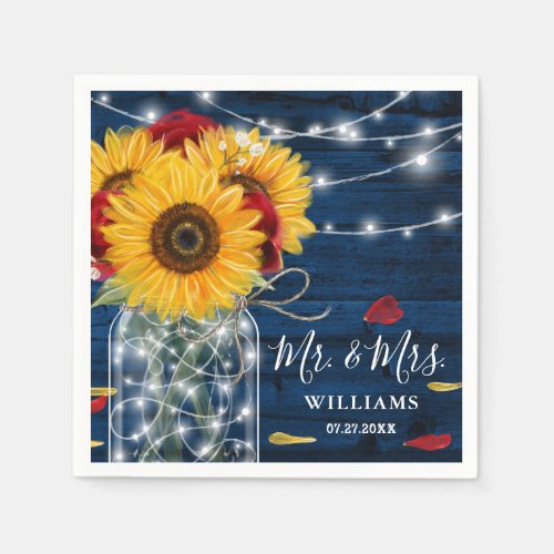 Sunflower Navy Blue Red Rose Rustic Wood Wedding Napkins