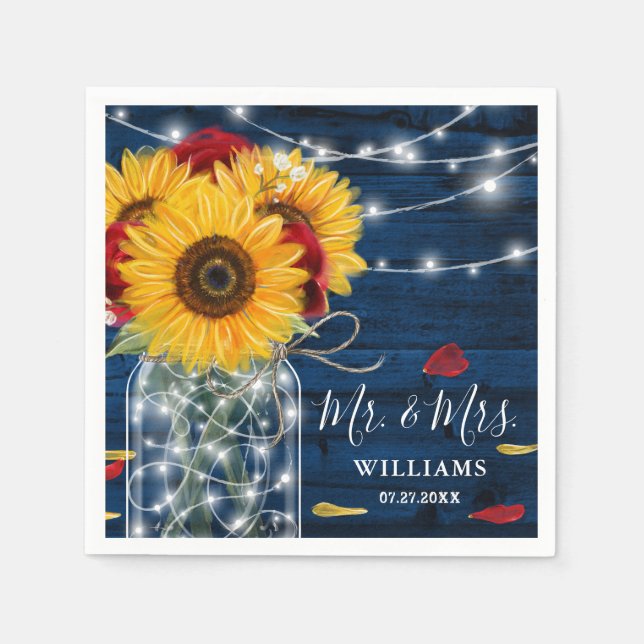 Sunflower Navy Blue Red Rose Rustic Wood Wedding Napkins (Front)