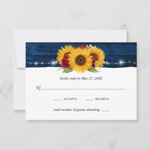 Sunflower Navy Blue Red Rose Rustic Wood Wedding RSVP Card