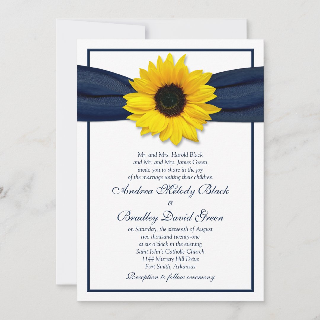 Sunflower Navy Blue Ribbon Wedding Invitation 