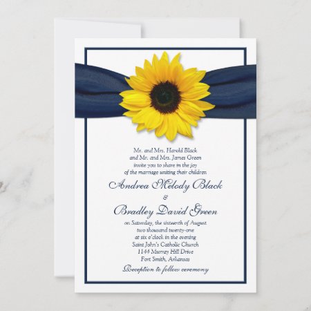 Sunflower Navy Blue Ribbon Wedding Invitation