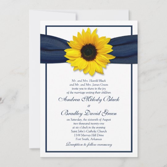 Sunflower Navy Blue Ribbon Wedding Invitation | Zazzle.com