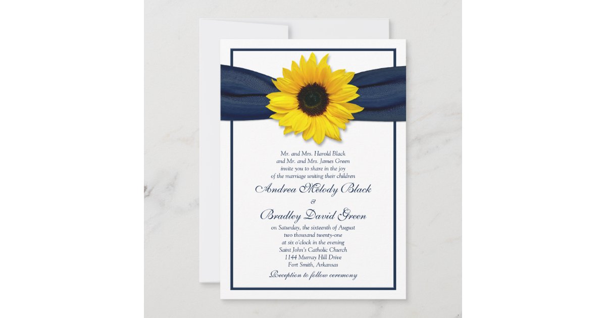 Sunflower Navy Blue Ribbon Wedding Invitation | Zazzle