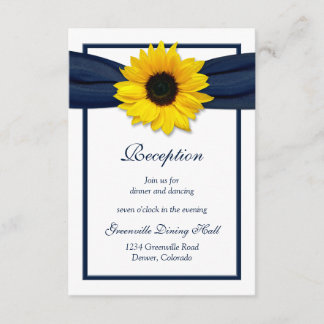 Sunflower Navy Blue Ribbon Wedding Reception Card