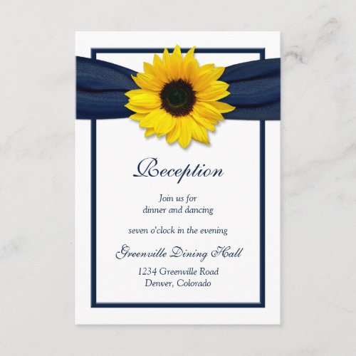 Sunflower Navy Blue Ribbon Wedding Reception Card