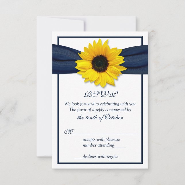 Sunflower Navy Blue Ribbon Wedding RSVP Card (Front)