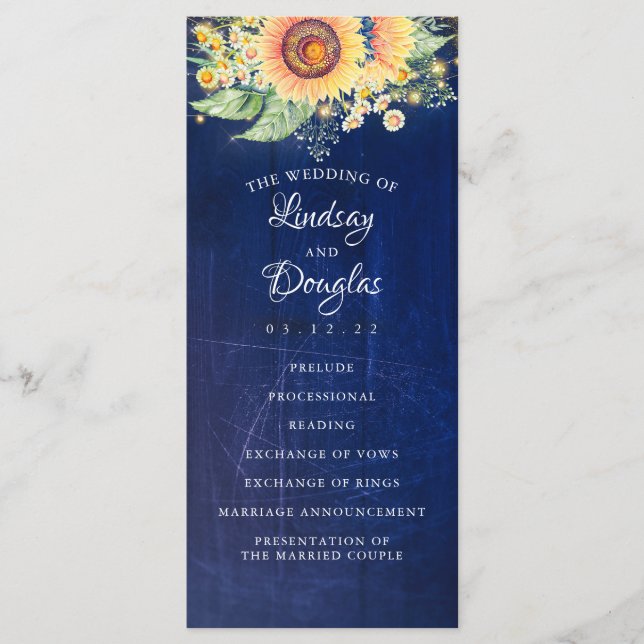 Sunflower Navy Blue Rustic Fall Wedding Programs (Front)