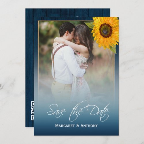 Sunflower Navy Blue Rustic Wedding Photo QR Code Save The Date