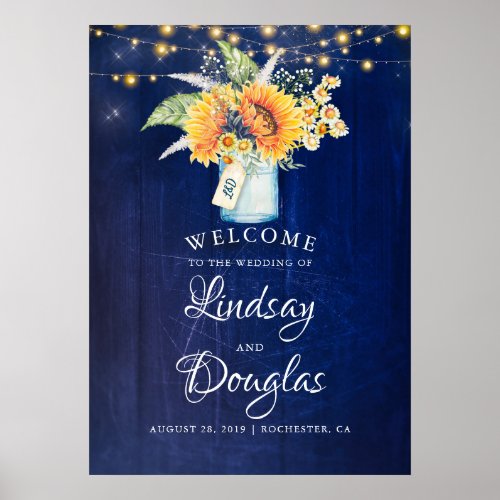 Sunflower Navy Blue Rustic Wedding Welcome Sign