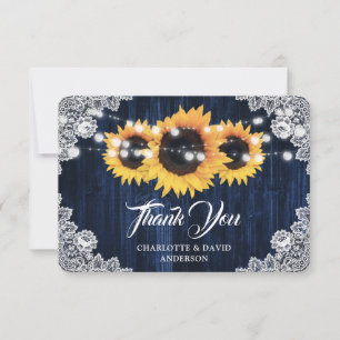 Sunflower Navy Blue Rustic Wood Lace Wedding Thank You Card