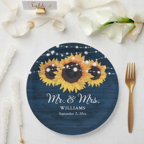 Sunflower Navy Blue Rustic Wood Mr and Mrs Wedding Paper Plates