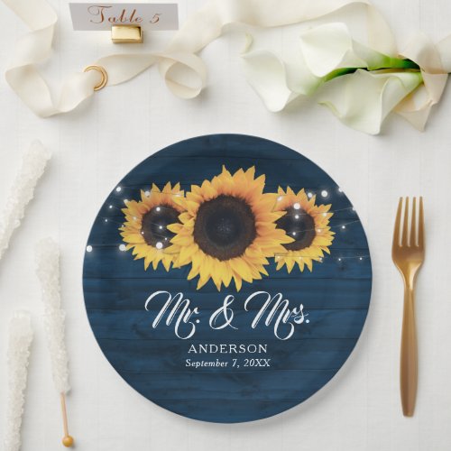 Sunflower Navy Blue Rustic Wood Mr and Mrs Wedding Paper Plates