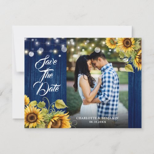 Sunflower Navy Blue Rustic Wood Photo Wedding Save The Date