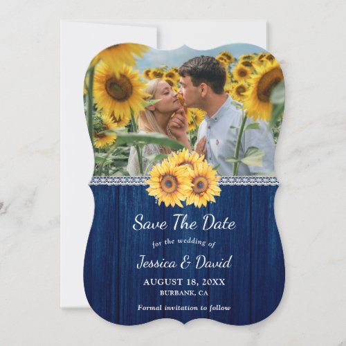 Sunflower Navy Blue Rustic Wood Photo Wedding Save The Date