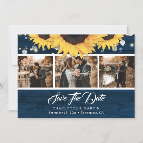 Sunflower Navy Blue Rustic Wood Wedding Photo Save The Date