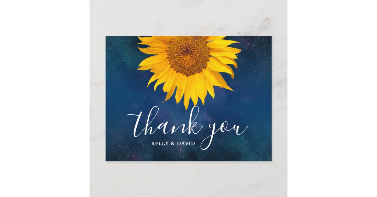 Sunflower Navy Blue Summer Wedding Thank You Postcard | Zazzle