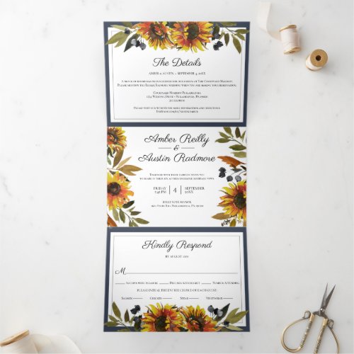 Sunflower Navy Blue Wedding All In One Invitation