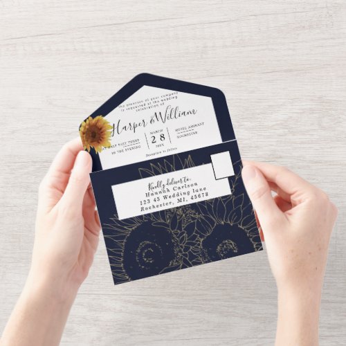 Sunflower navy blue wedding envelope all in one in all in one invitation