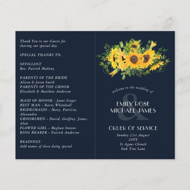 Sunflower Navy Blue Wedding Program or other event (Front)