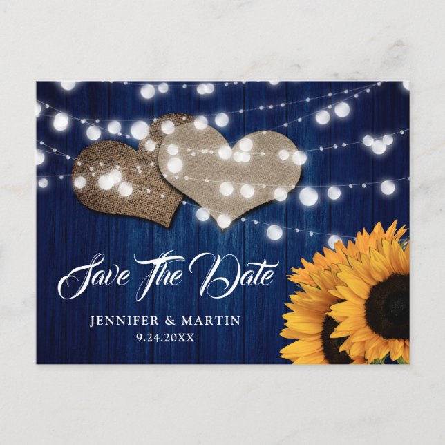 Sunflower Navy Blue Wedding Save The Date Postcard (Front)