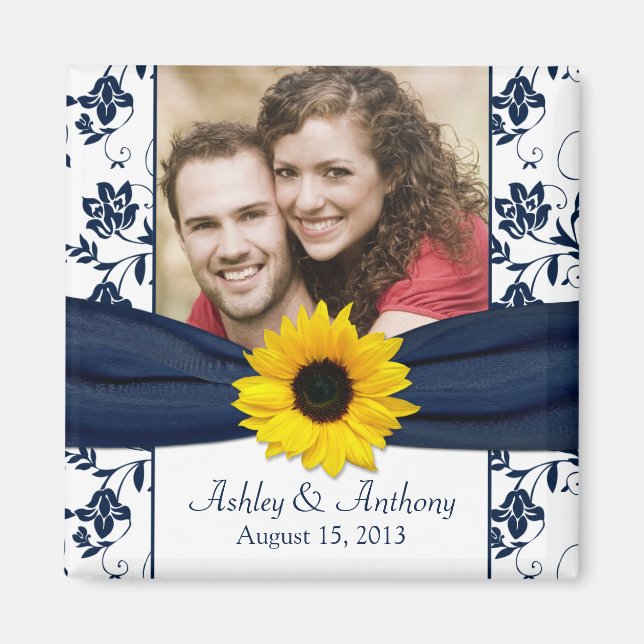 Sunflower Navy Blue White Damask Wedding Magnet (Front)