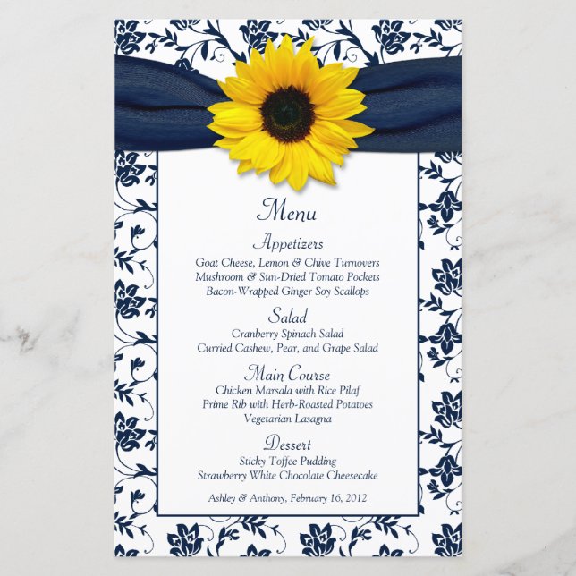 Sunflower Navy Blue White Damask Wedding Menu Card (Front)