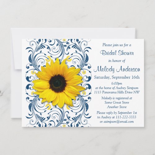 Sunflower Navy Blue White Floral Bridal Shower Invitation